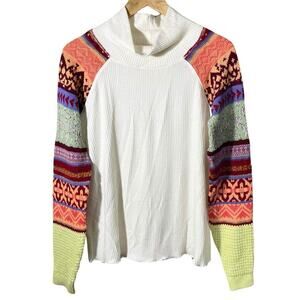 Free People Prism Fair Isle Sweater Women's Large Ivory Boho Mixed Media Sleeves